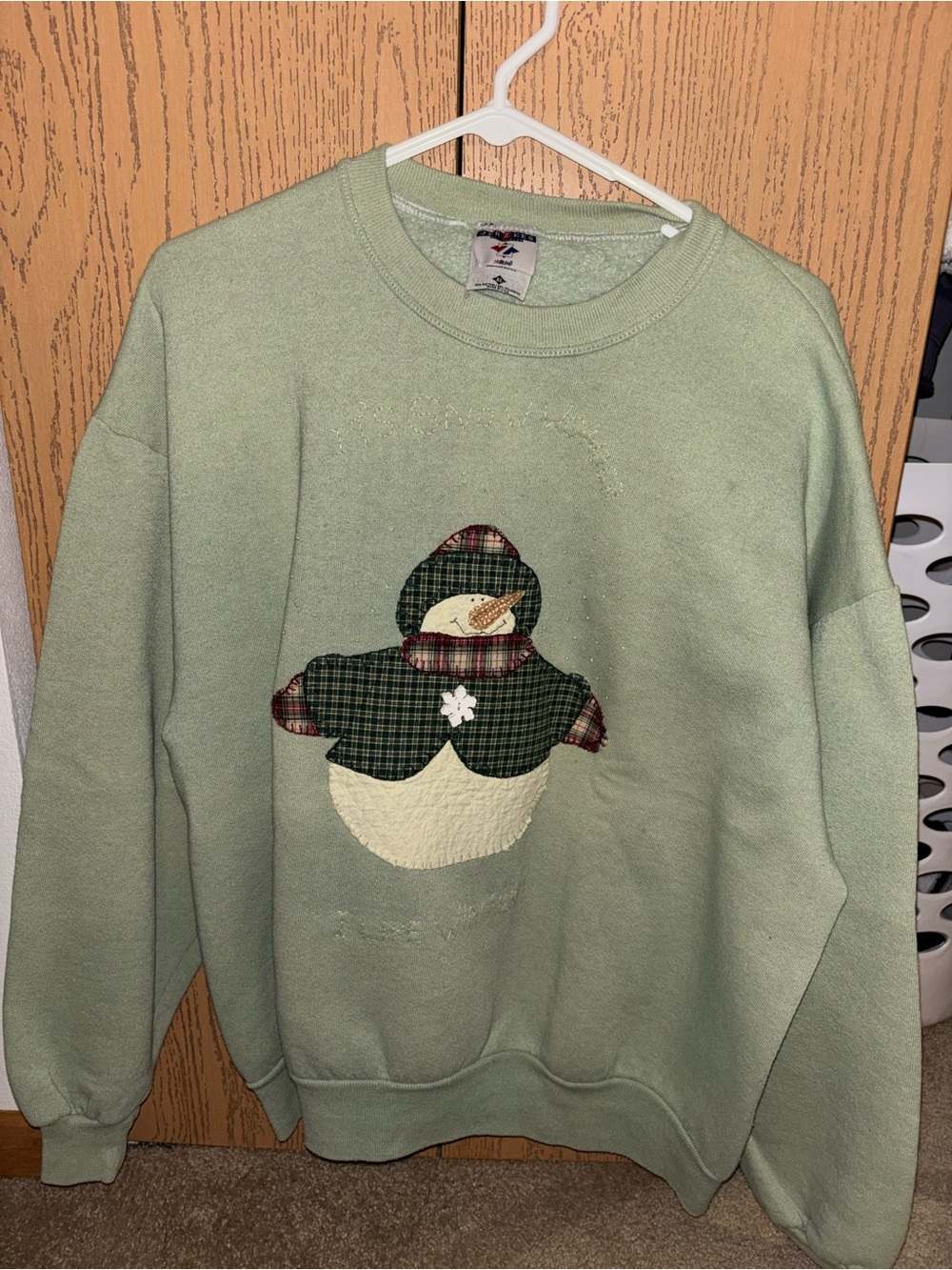 Jerzees Light Green Crewneck Sweater with Snowman Appliqué